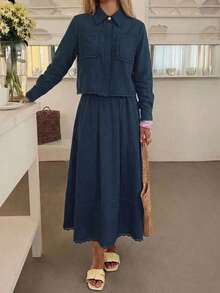 DAZY 春夏女款優雅蕾絲拼接口袋襯衫與裙子兩件套 - 藏蓝色 - 查看 5