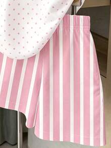 青少年女孩休閒簡約寬鬆圓領短袖T恤與寬鬆短褲2件套，適合春夏穿著 - 彩色 - 查看 5
