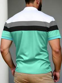 Manfinity Homme 男士大尺碼 Rider 條紋印花短袖休閒 Polo 衫 - 薄荷綠 - 查看 2
