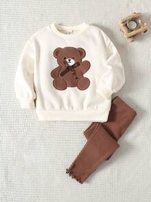 Young Girl Young Girl Young Girl Young Girl Young Girl Fashion Casual Bear Embroidery Autumn Sweatshirt & Leggings Set - Brown - View 5