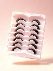 7 Pairs Set Natural Long Curled Thick Volume Crossed Fish Tail False Lashes Clear Stems For Daily Dating Party Wedding Work Must Have Beauty Accessory - Black - View 3