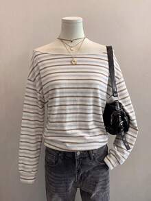 SHEIN EZwear Casual Minimalist Style Asymmetrical Striped All-Over Print Women's Loose Fit Asymmetrical Shoulder Sweatshirt, Suitable For Spring And Summer - Multicolor - View 3