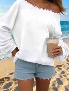 SHEIN EZwear 休閒度假風紅色對比滾邊白色女款露肩寬鬆長袖衛衣，適合春夏度假 - 白色 - 查看 6