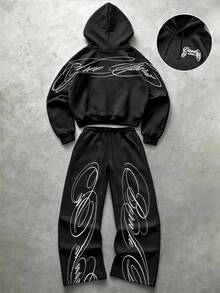 Manfinity Hypemode Hypemode Men's Sports Set, Bold Letter Print, Outdoor Street Sports Casual Hoodie & Pants Set - Black - View 1