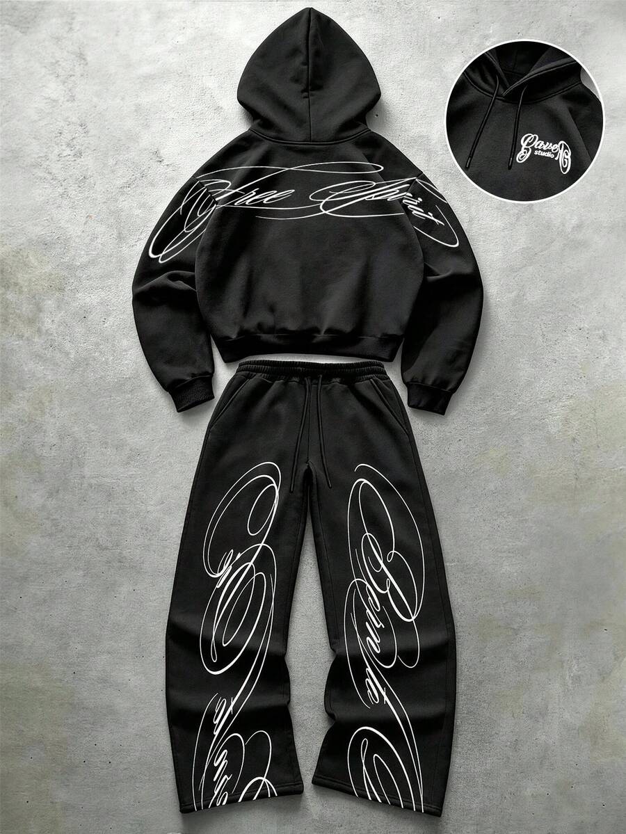 Manfinity Hypemode Hypemode Men's Sports Set, Bold Letter Print, Outdoor Street Sports Casual Hoodie & Pants Set - Black - View 1