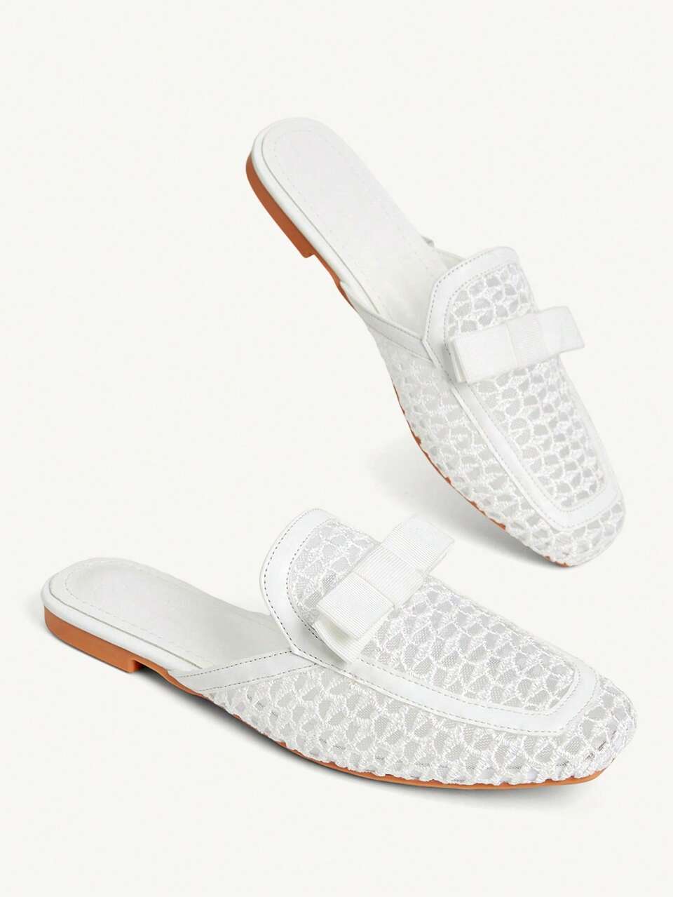 CUCCOO CHICEST Stylish White Mesh Bow Women's Flat Mules Shoes Fashionable Breathable Cute Sweet Elegant Women's Flat Backless Shoes Slippers Women's Shoes