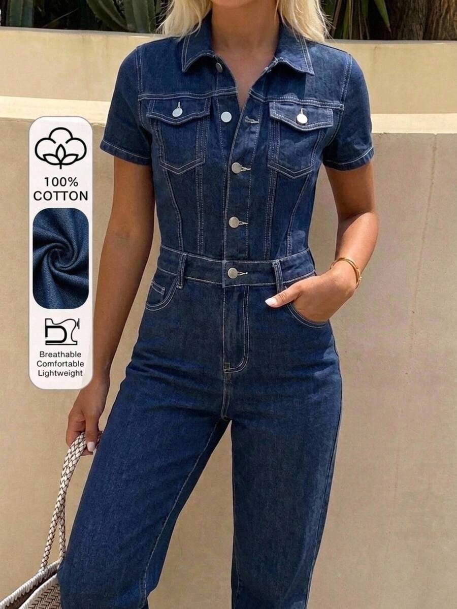 SHEIN Girls' Deep Blue Denim Shirt-Style Jumpsuit Halloween - Blue - View 1