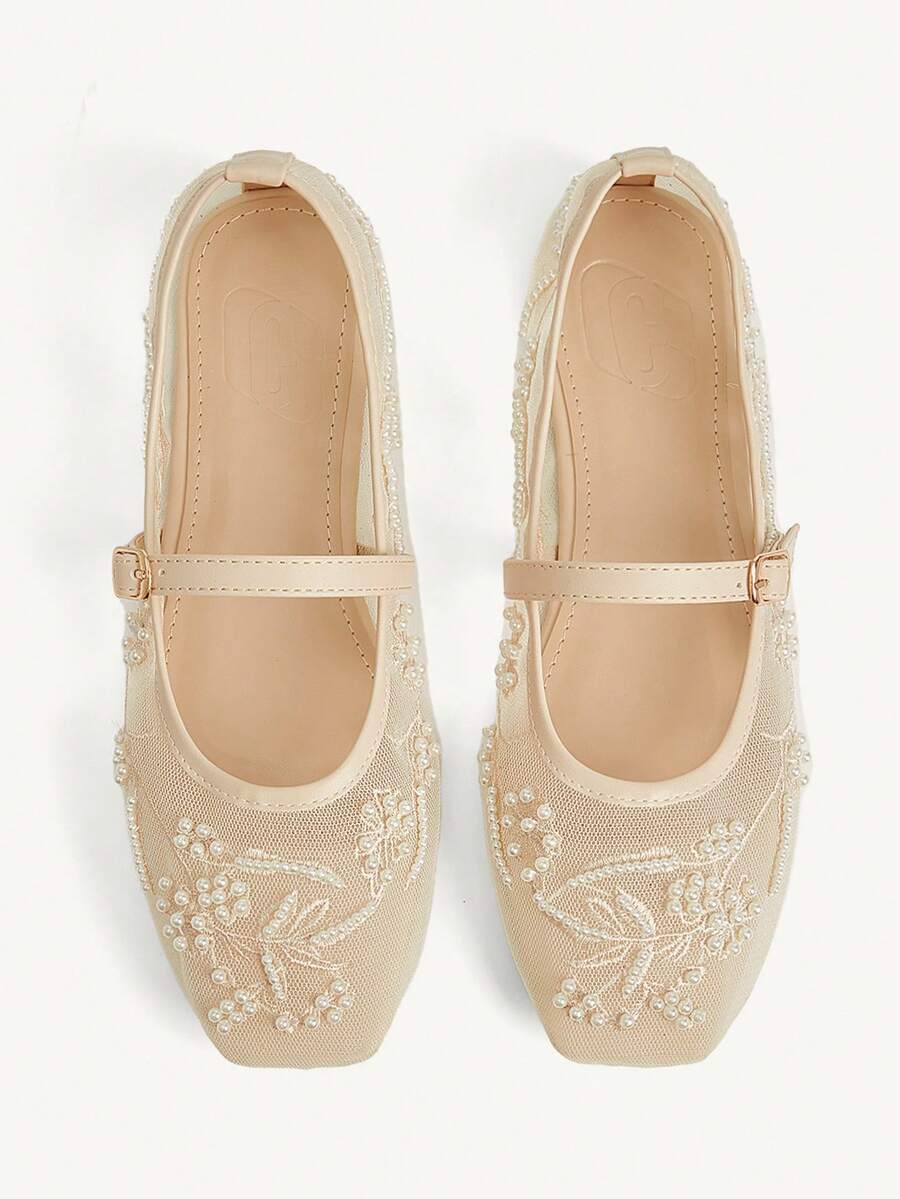 CUCCOO CHICEST 女款網布刺繡珍珠瑪麗珍平底鞋，扣環設計，通勤約會婚禮日常溫柔透氣百搭女鞋 - 米色 - 查看 1