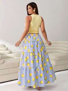 Solflare Setelan 2 Potong Atasan Tank Top Polos & Rok Motif Lemon Bergaris Ukuran Plus - MultiWarna - View 2