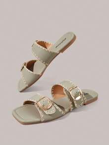 Styleloop Women Shoes Spring And Summer New Models, Multi-Color Embroidered Edge Square Toe Double Buckle With Flat Bottom Sandals, Retro Casual Style - Light green - View 4