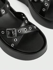 Sugerpunk Women's Rivet Trim Black Platform Sandals PU Punk Style Word With Open-Toed Sandals, Women's Shoes - Black - View 5