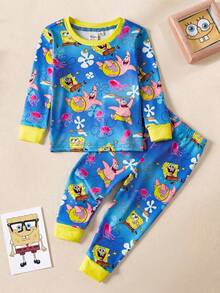 SpongeBob SquarePants | SHEIN Baby Boy Comfortable Cute Cartoon Pattern Crew Neck Long Sleeve Top And Pants Pajama Set, Autumn - Blue - View 1