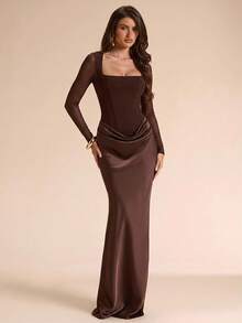 SHEIN BAE فستان سهرة طويل بطول الأرض للخريف والشتاء، بني داكن، بياقة مربعة وتصميم كورسيه مع لوحة شبكية وكشكشة ضيق الجسم وأكمام طويلة، مناسب لعيد الشكر والكريسماس ورأس السنة - بني - مشاهدة 5