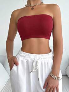 SHEIN 女款純色休閒日常無肩帶內衣 - 酒紅色 - 查看 6