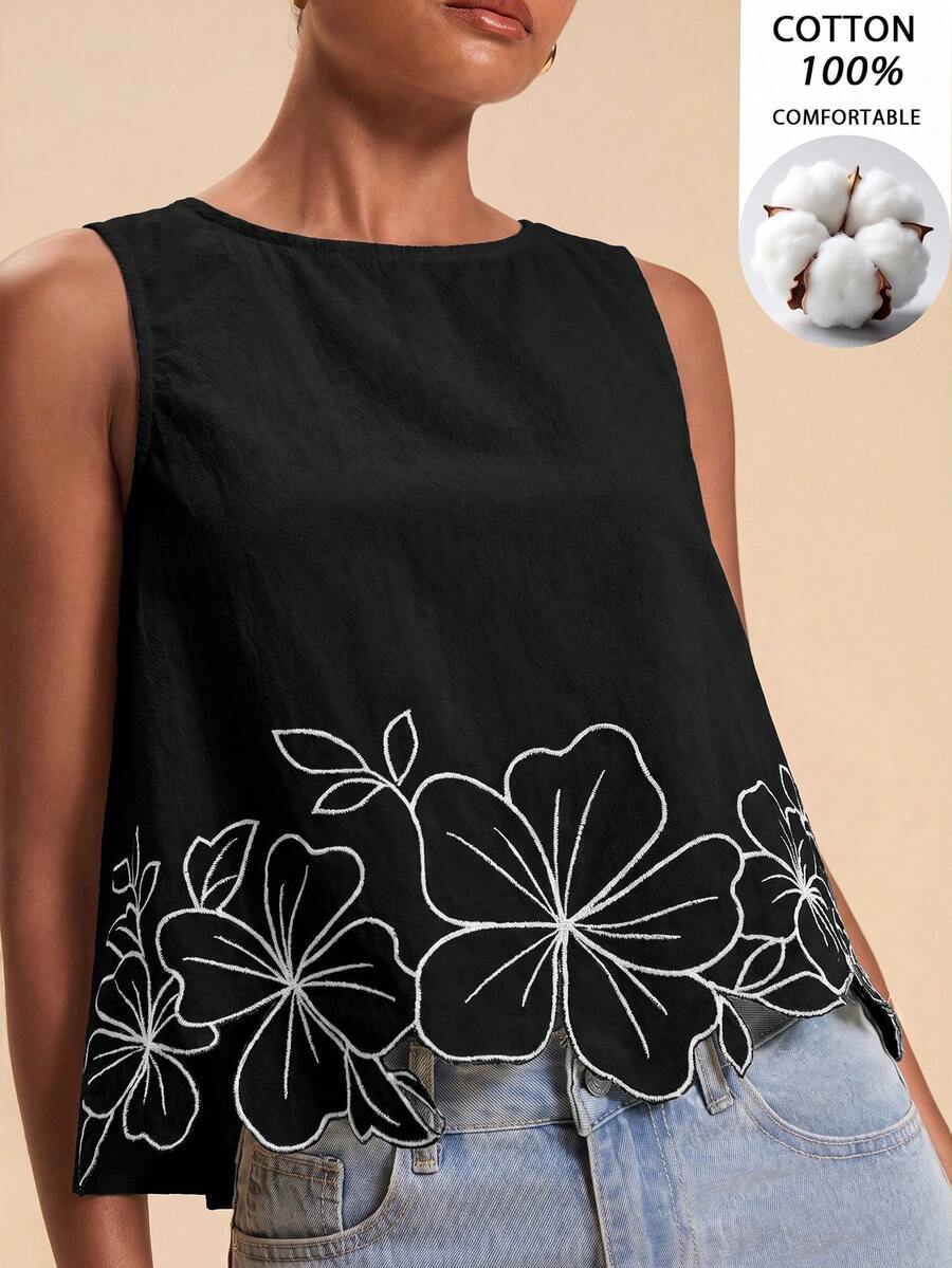 Travachic 度假休閒花卉刺繡無袖上衣 - 黑色 - 查看 1