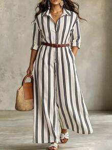 Linhara CURVE Plus Size Striped Colorblock Elegant Button Casual Long Sleeve Jumpsuit Fall - Black and White - View 1