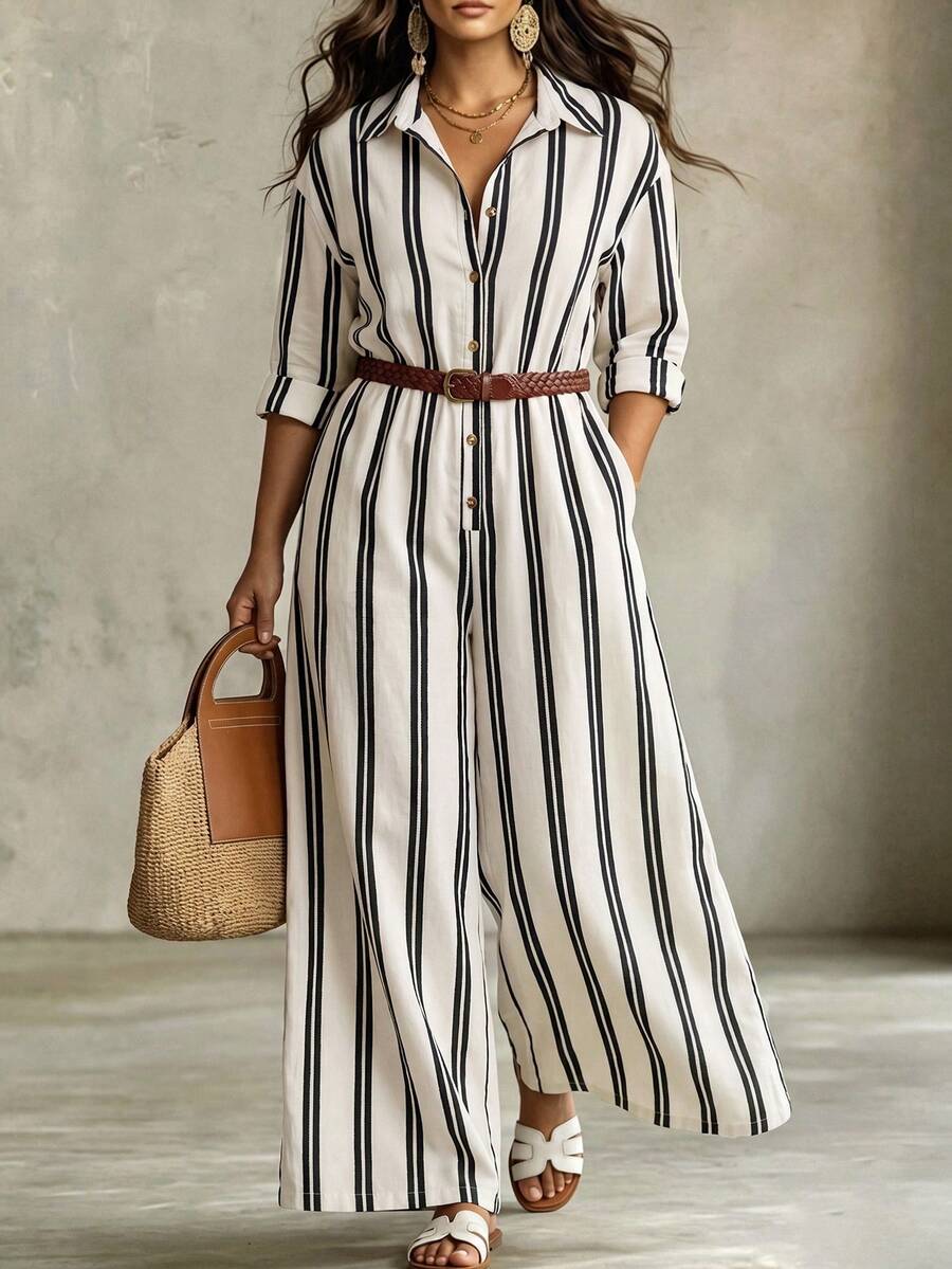 Linhara CURVE Plus Size Striped Colorblock Elegant Button Casual Long Sleeve Jumpsuit Fall - Black and White - View 1