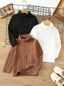 SHEIN تي شيرت بياقة عالية للأطفال والفتيان الصغار، كاجوال متعدد الاستخدامات، لون سادة، قطعة - متعدد الألوان - مشاهدة 4