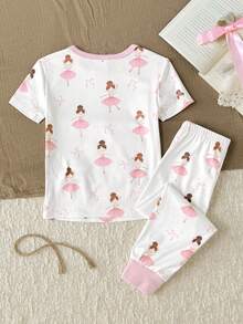 SHEIN 少女休閒簡約修身舒適圓領短袖長褲家居服套裝，2件組，貼身剪裁 - 淺粉色 - 查看 6
