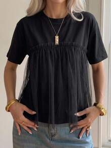 FRIFUL Women's Summer Solid Color Round Neck Short Sleeve Tee With Frill Trim, Casual,Ruffle School - Black - View 5
