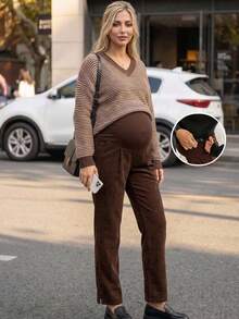 SHEIN Maternity Solid Color Adjustable Waist Casual Long Pants Fall - Brown - View 3
