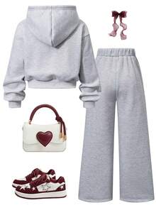SHEIN 2件組女童套裝 連帽長袖拉鍊夾克，腰部與袖口收緊短版連帽外套，彈性腰寬鬆寬腿休閒運動長褲，秋季 - 灰色 - 查看 2