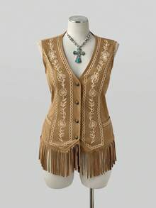 Sunspun Plus Size Western Vintage Print Fringe Suede Vest V-Neck Sleeveless Waist-Cinching Denim Style Jacket - Brown - View 3