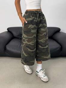 SHEIN 青少年女孩 Y2K 時尚淺色水洗寬鬆彈性抽繩腰牛仔寬腿短褲，波希米亞度假風，適合夏季音樂會、節慶、休閒、畢業季 - 軍綠色 - 查看 4