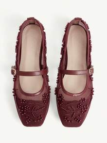 CUCCOO CHICEST 女款網布刺繡珍珠瑪麗珍平底鞋，扣環設計，通勤約會婚禮日常溫柔透氣百搭女鞋 - 酒紅色 - 查看 1