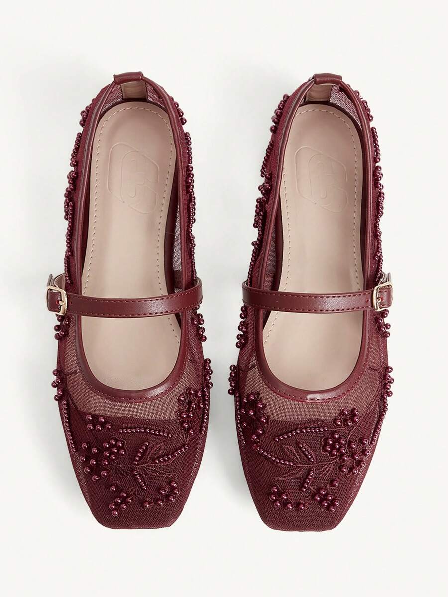 CUCCOO CHICEST 女款網布刺繡珍珠瑪麗珍平底鞋,扣環設計,通勤約會婚禮日常溫柔透氣百搭女鞋 - 酒紅色 - 查看 1