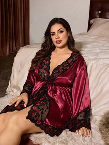 Slumberist Plus Size Satin Lace Robe: Sexy Red Lips Lace Patchwork, Lace Trim Cuffs And Hem, Diagonal Cut Slim Fit Satin Robe - Burgundy - View 5