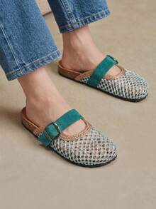 Solecia 女款春夏新款編織墊網拼接扣飾圓頭一腳蹬平底鞋，舒適簡約，通勤休閒百搭必備 - 墨綠藍 - 查看 8