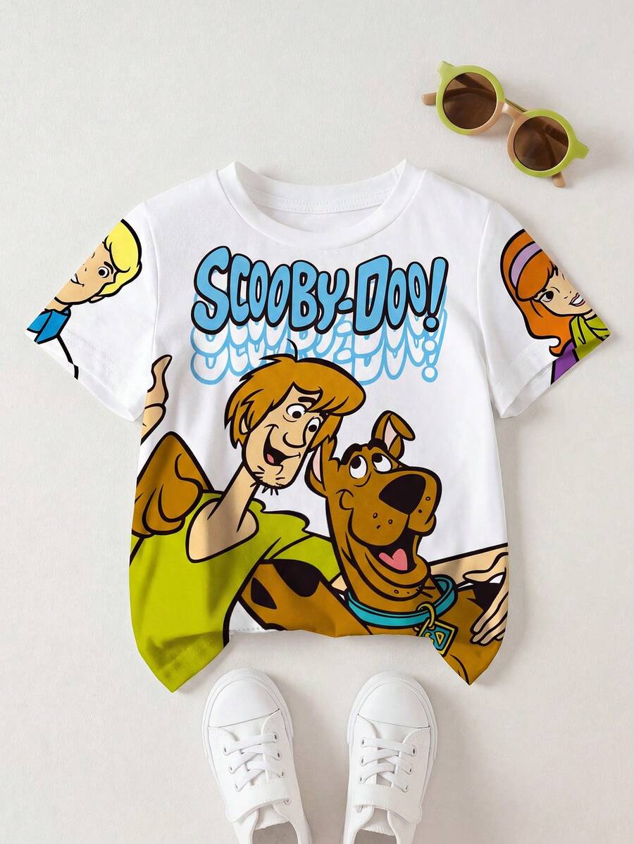 SCOOBY-DOO X SHEIN 小男孩字母与卡通人物图案圆领短袖T恤 - 白色 - 查看 1