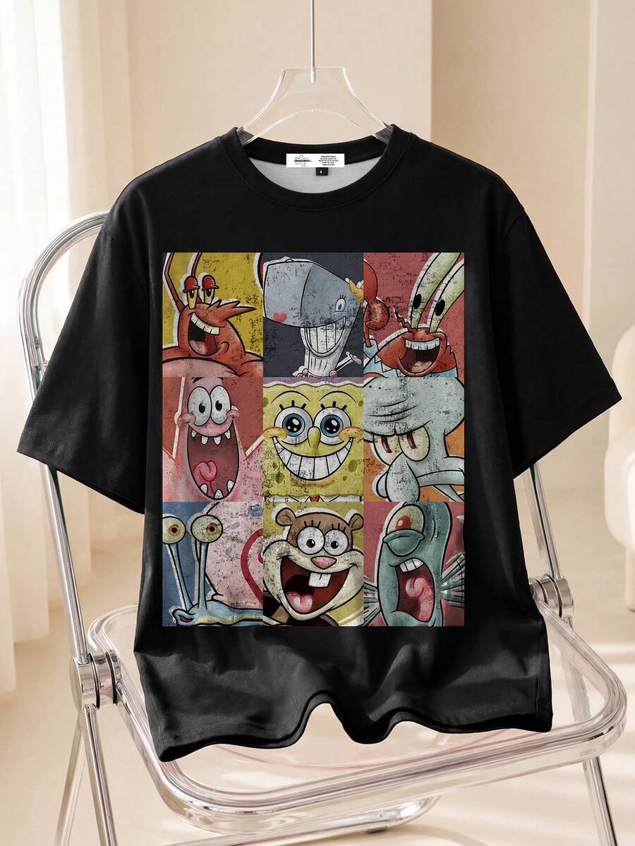 SpongeBob SquarePants | SHEIN 女式卡通图案黑色圆领短袖T恤 - 白色 - 查看 1