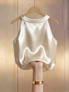 Franclia Blusa de satén elegante sin mangas con escote en V y cuentas, color champán, versátil para primavera/verano, adecuada para el trabajo, fiestas y uso diario - Champán - Ver 2