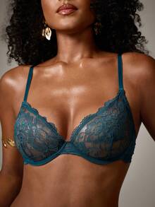 DreamPoppy 1 Set Women's Solid Color Lace Wireless Comfortable Lingerie Set - Dark Green - View 4