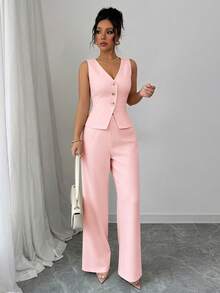 Elenzga Women's Elegant Sleeveless Blazer Vest And Pants Suit Set, Business/Commute Style, Summer - Pink - View 5