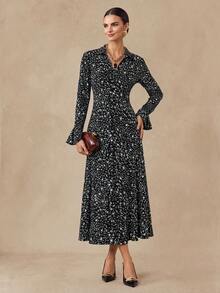 Almamuse Spring/Autumn Black Floral Romantic French Style Shirt Dress, Classic Mandarin Collar, Ruched Sleeves, Slit Hem Elegant Maxi Dress For Women - Black - View 1