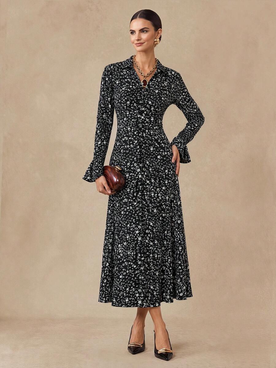 Almamuse Spring/Autumn Black Floral Romantic French Style Shirt Dress, Classic Mandarin Collar, Ruched Sleeves, Slit Hem Elegant Maxi Dress For Women - Black - View 1