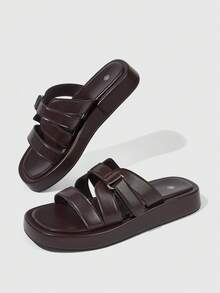 HighSole Double Metal Buckle Design Thick Bottom Casual Simple Comfortable Cool Slippers Holiday Beach - Coffee Brown - View 5