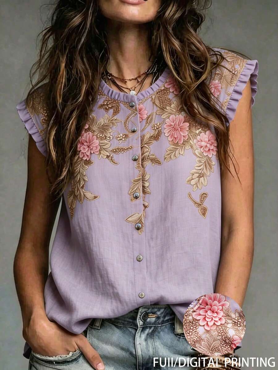 SHEIN Women's Floral Print Button Frill Trim Blouse, Summer - Multicolor - View 1