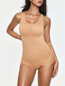 SHAPORA Women's Round Neck Solid Color Button-Down Casual Daily Bodysuit - Khaki - View 2