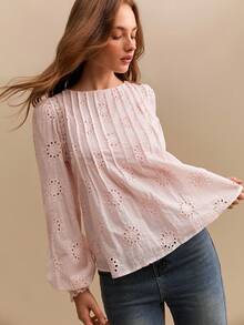 Willow Rêve Women's Pleated Embroidered Cutout Lace Blouse, Light Pink Long Sleeve Shirt Top - Baby Pink - View 2