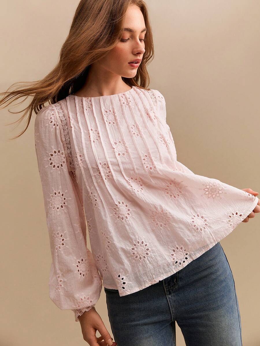 Willow Rêve Women's Pleated Embroidered Cutout Lace Blouse, Light Pink Long Sleeve Shirt Top