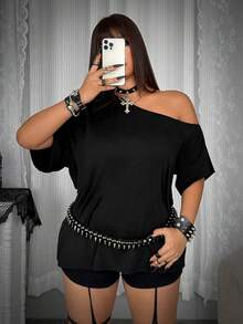 Whyspr Plus Size Women's Black Casual Punk Bold Avant-Garde Sexy Asymmetric Neck Distressed Back Hollow Lace Patchwork T-Shirt Regular Slanted Shoulder T-Shirt Black T-Shirt Lace T-Shirt Punk Casual T-Shirt Spring Summer T-Shirt Slanted Shoulder T-Shirt Autumn T-Shirt Suitable For Halloween T-Shirt Music Festival T-Shirt Holiday T-Shirt All Season - Black - View 5
