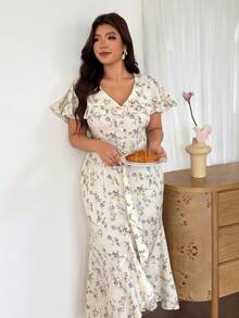 Firerie Plus Size Summer Elegant Ditsy Floral Ruffle Hem Dress Elegant Floral Print Ruffle Dress For Women Casual Vacation Daily Going Out Dress For Women - Multicolor - View 5