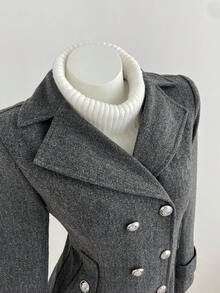 Elamini Women's Autumn/Winter Campus Style Cinched Waist Lapel Double-Breasted Mid-Length Grey Tweed Coat - Dark Grey - View 6