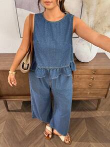 Lounesse Plus Size Ruffle Vest Denim Pants 2 Pieces Set Halloween Waist Wide Leg Capri Denim Loose Casual Denim Matching Outfit Country Vacation Summer Beach - Blue - View 3