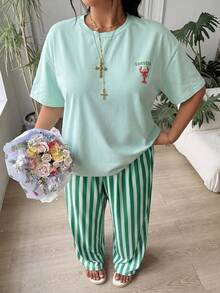 SHEIN EZwear 大尺碼女款字母與龍蝦圖案短袖上衣＋條紋長褲休閒日常兩件套 - 水鴨藍 - 查看 4