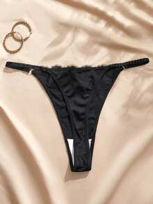 Charlaine 1pc Black Lace Patchwork Plus Size Thong For Women - Black - View 2